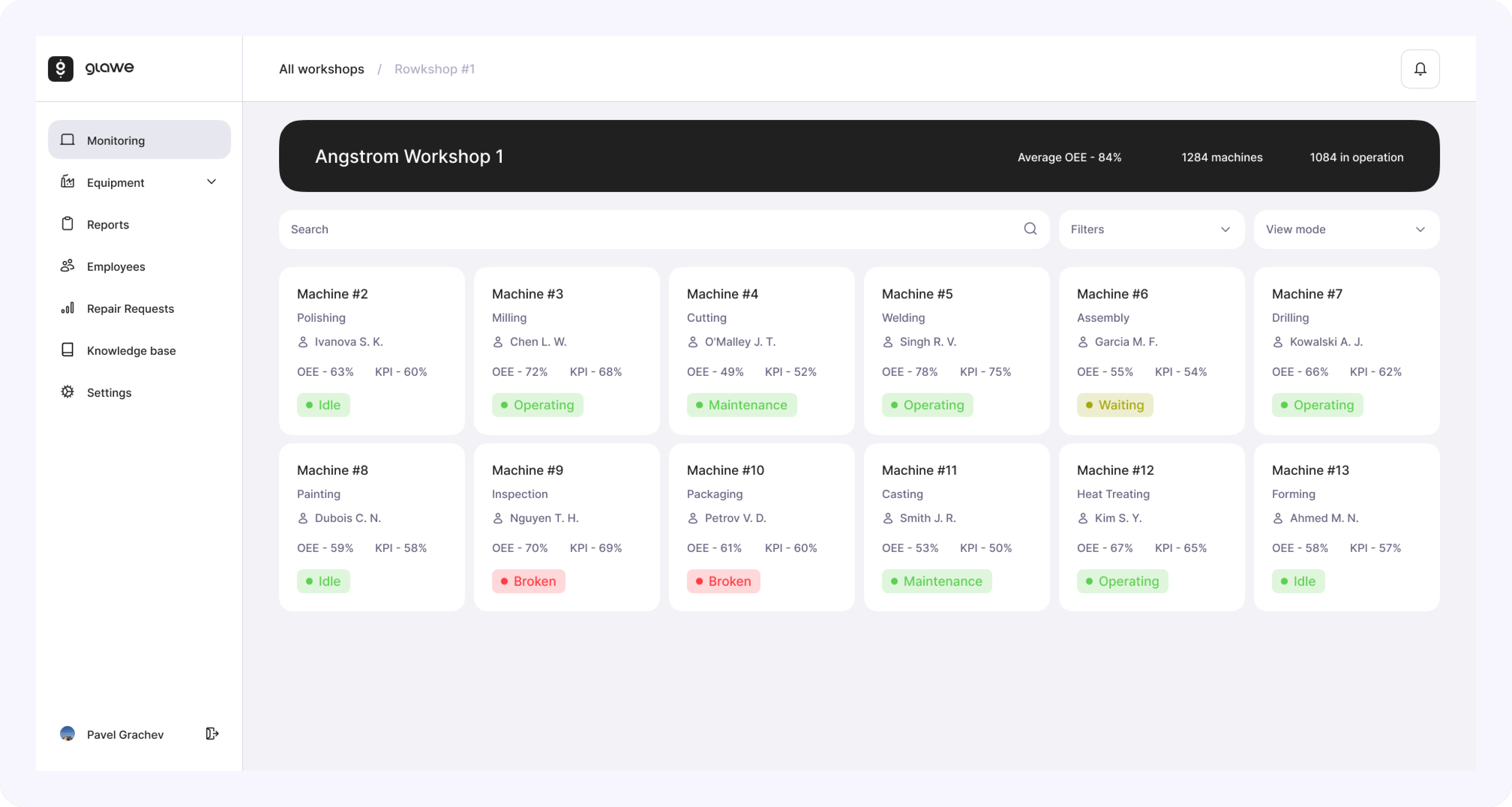 Machine list screen